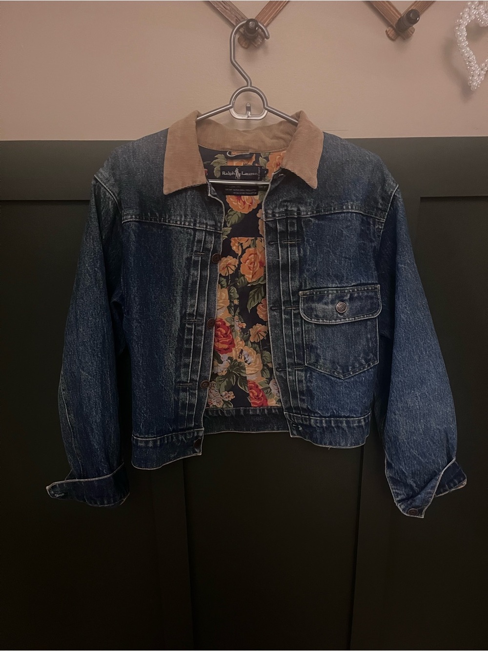 Ralph Lauren Blue Denim Jacket with Tan Corduroy Collar & Floral Lining